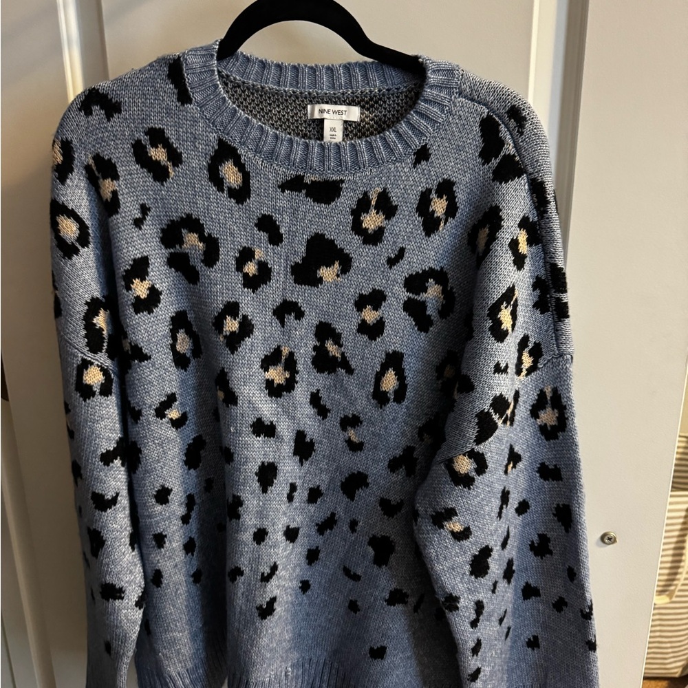 Nine West Light Blue Leopard-Print Crewneck Sweater